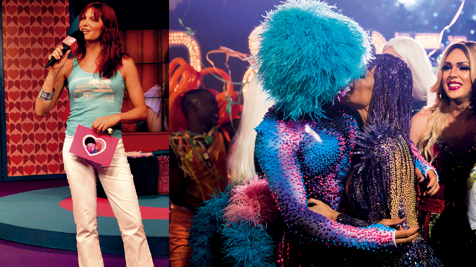Na gravação do programa "Fica Comigo" (2000-2003), na MTV; Fernanda e Rodrigo em um quadro de "Amor & Sexo, em 2017, quando ele se vestiu como drag queen