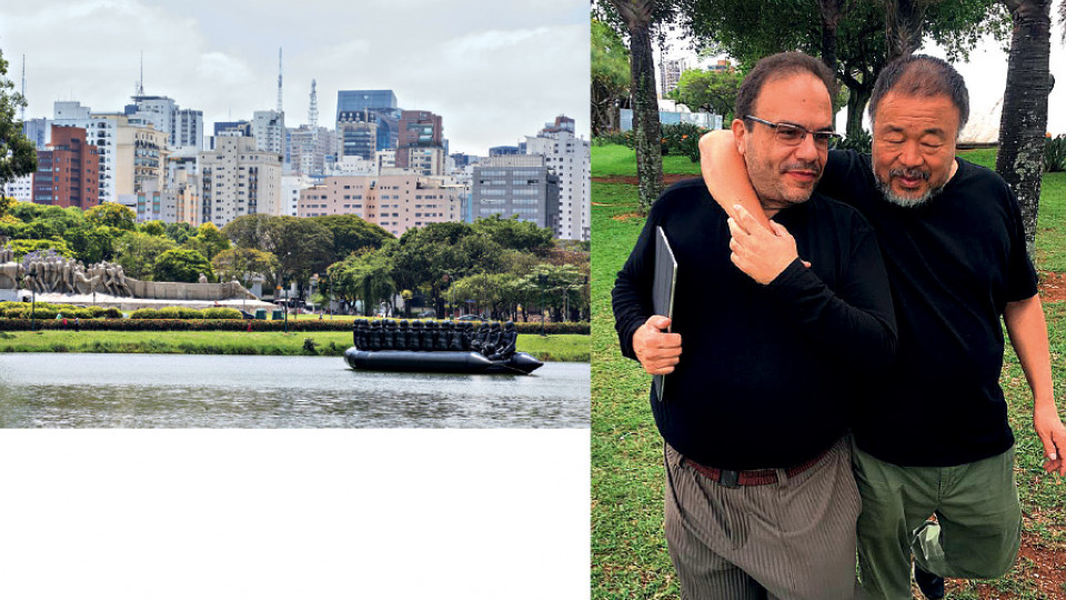 Ação com a obra Law of the Journey (Prototype B), de Ai Weiwi, no lago Ibirapuera (SP), para a abertura da mostra Raiz, em 2018; e com Ai Weiwei, no parque Ibirapuera, no mesmo ano