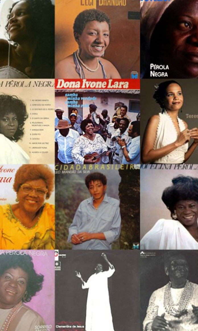 Montagem com capas de discos de mulheres sambistas como Done Ivone Lara, Teresa Cristina, Leci Brandão, Jovelina Perola Negra e Clementina de Jesus