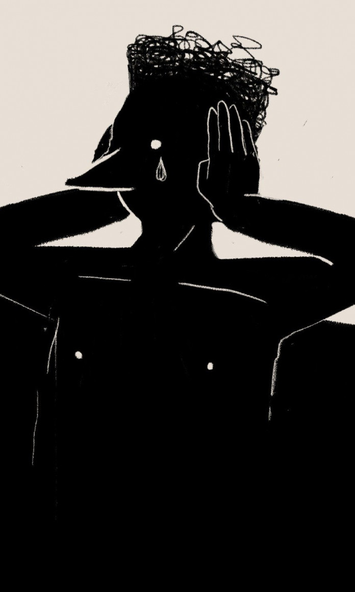 Ilustração de um boneco preto com lágrimas saindo dos olhos e as mãos nas orelhas