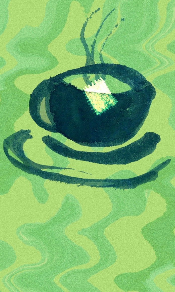 Ilustração verde de uma xícara de café com uma microdose de psicodélicos dentro