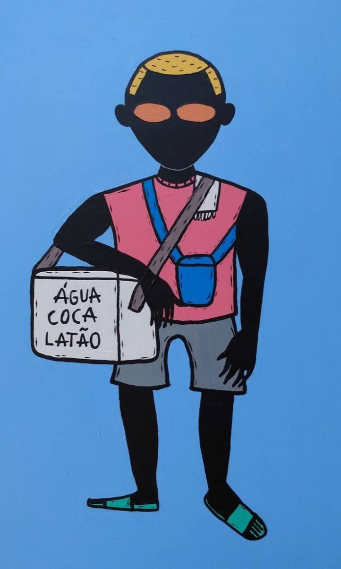 Ilustracao de um menino de oculos escuros com um isopor vendendo agua e refrigerante