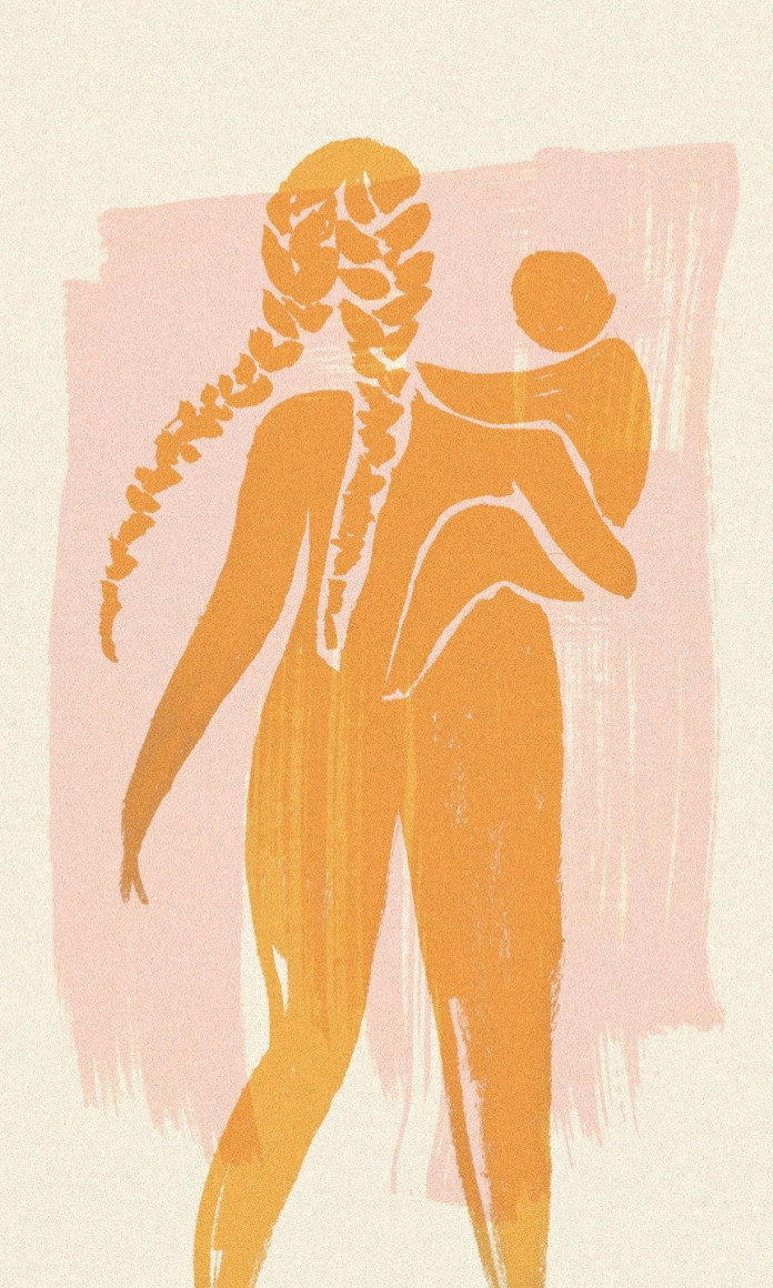 Ilustracao laranja de uma mulher de costas e cabelos trancados carregando uma crianca no colo