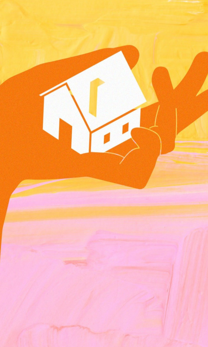 Ilustração de uma mão laranja segurando uma casa