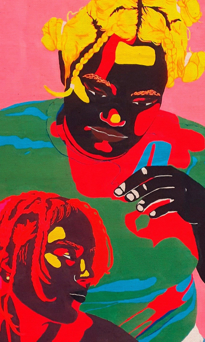 Pintura colorida de uma mulher com uma crianca