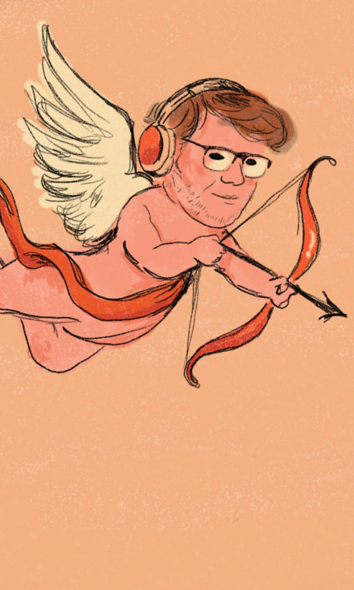 Ilustração do youtuber Casimiro vestido de cupido, com asas, fones, óculos e um arco com flecha