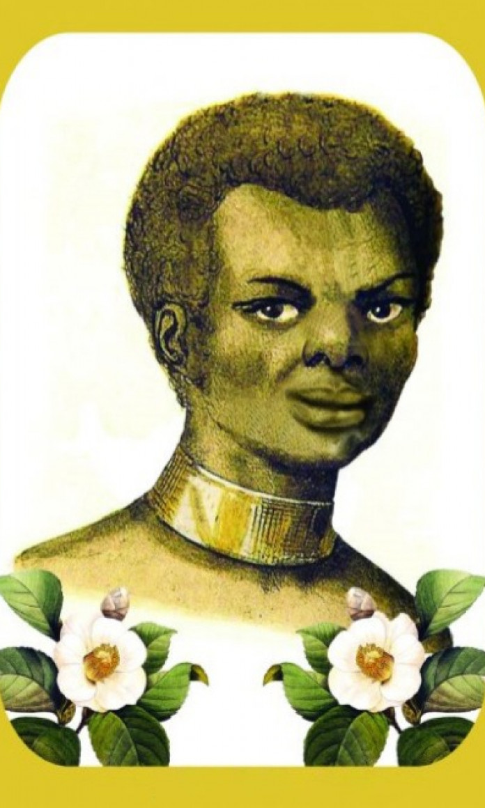 Santinho que mostra Anastacia, uma mulher negra escravizada, sem a mordaca que tinha que usar