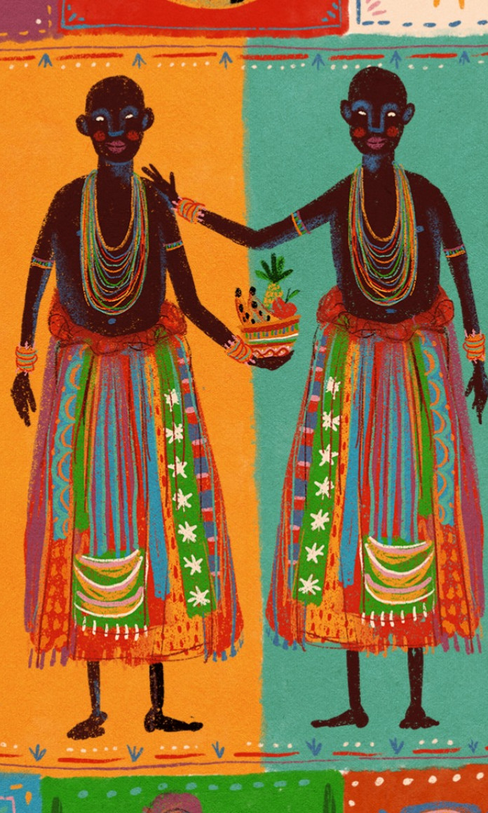 Ilustração colorida de dois orixas vestindo colares e uma saia de muitas cores