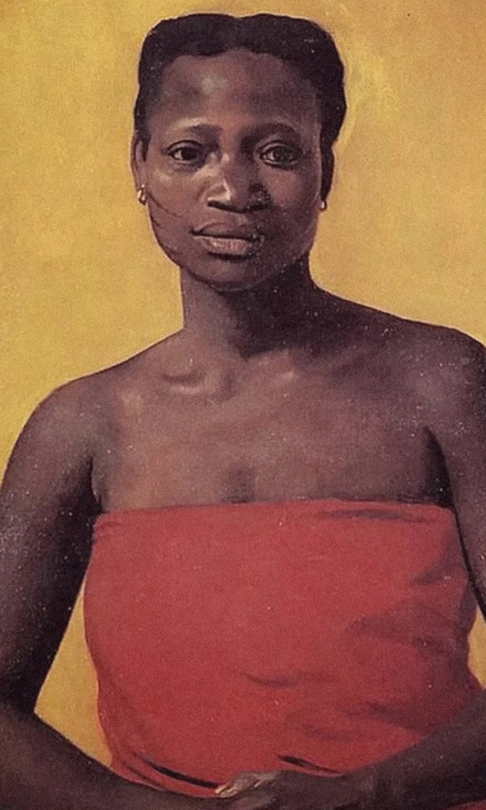 Pintura de uma mulher negra de cabelos presos e vestido tomara que caia vermelho posando num fundo amarelo