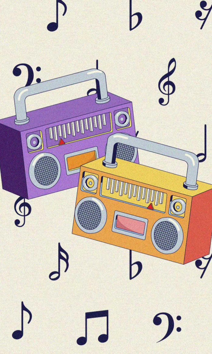 Dois aparelhos de som antigos coloridos cercados por notas musicais