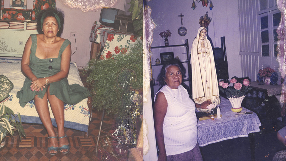 À esq.: Dona Onete na sala de sua casa em Igarapé-Miri (PA), em 1982. À dir.: Ionete em oração à Nossa Senhora de Fátima na casa de uma vizinha em Belém (PA), em 1999