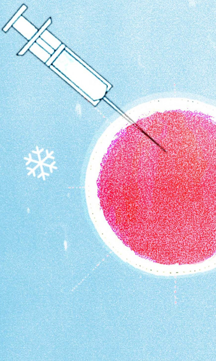 Ilustração de uma injeção entrando em um óvulo vermelho
