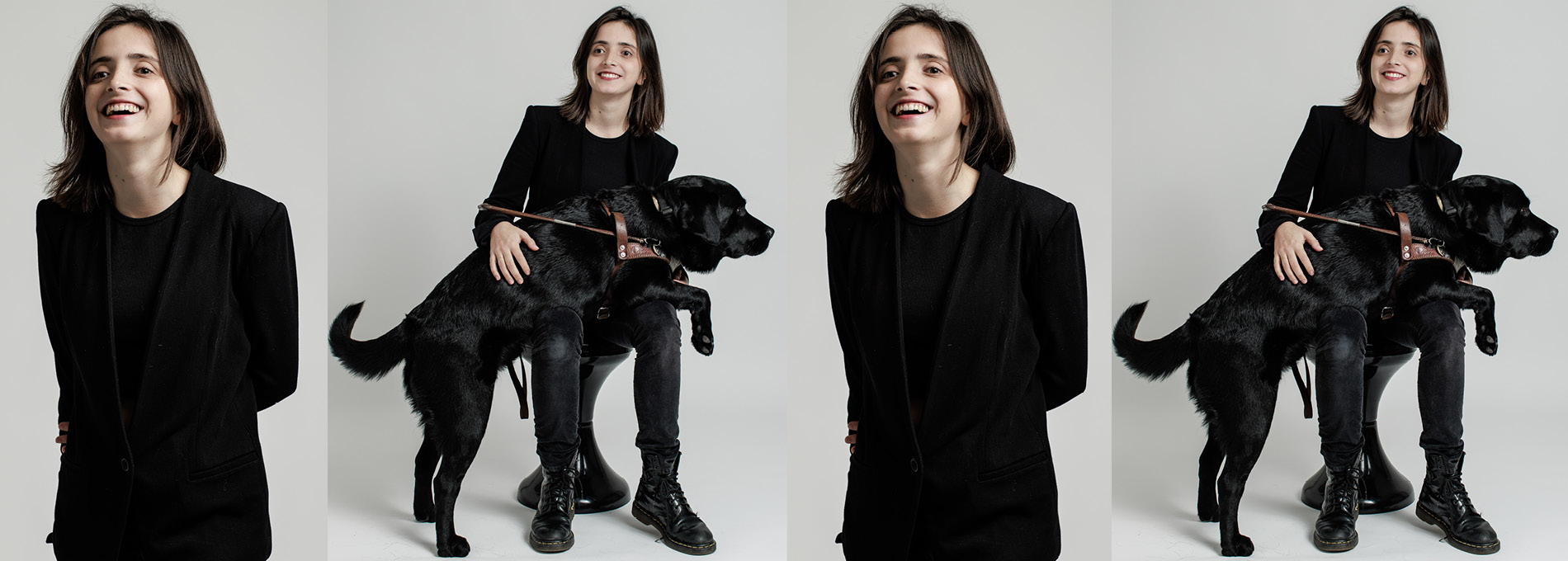 Maria Carvalhosa usando uma blusa preta e sorrindo para a foto. Na outra foto ela sorri e segura o seu cachorro preto no colo