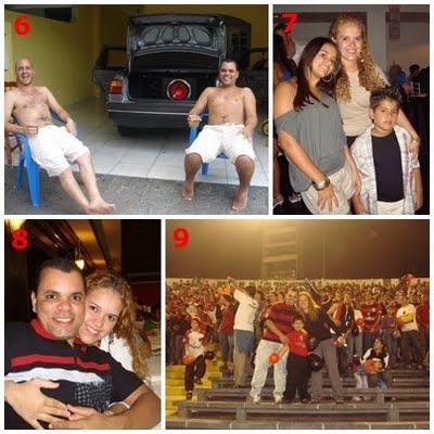 6. Lazer no fim de semana. 7. Minha família, Milca, Emily e Bruno. 8. Com a esposa numa churrascaria. 9. No Canindé vendo o time do coração. Vai, mengão!