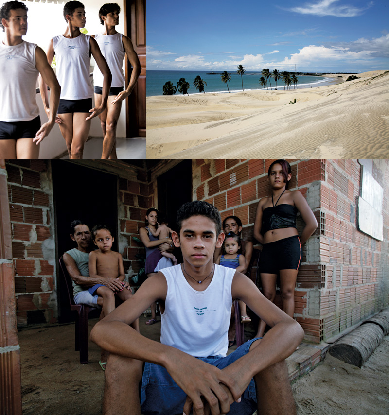 Glauber Apolônio da Silva em meio a dois outros alunos; e em frente à casa que levantou para a família com o dinheiro de monitor da escola