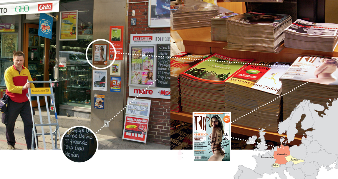 Trip no display de um quiosque em Hamburgo, destacada entre as novidades do mês, ao lado de títulos tradicionais alemães e um exemplar com recado do editor Thomas Garms,